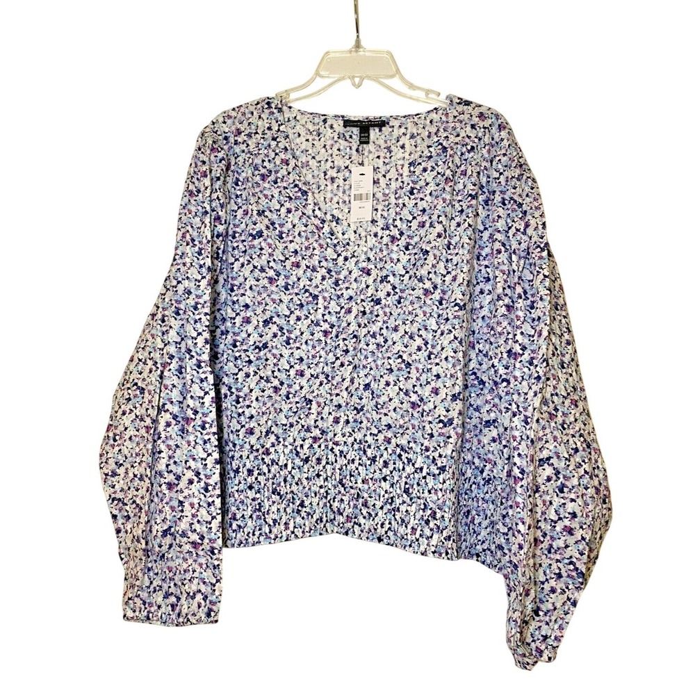 Lane Bryant Plus Size 30/32 Floral Smocked Waist V-Neck Blouse Purple Blue NWT
